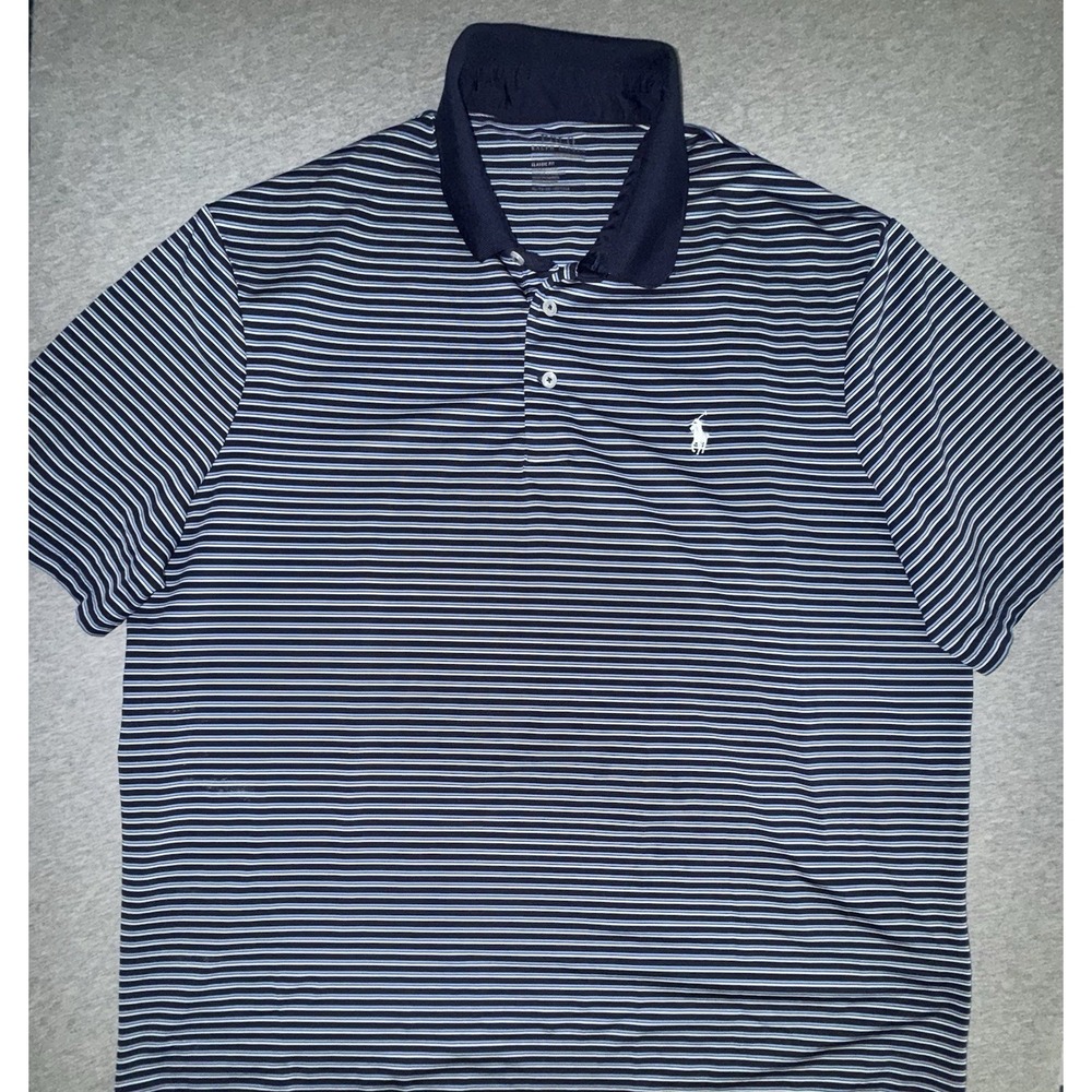 Ralph Lauren Men Polo Shirt Size XL Navy Blue Striped Performance Golf Preppy - Picture 2 of 6